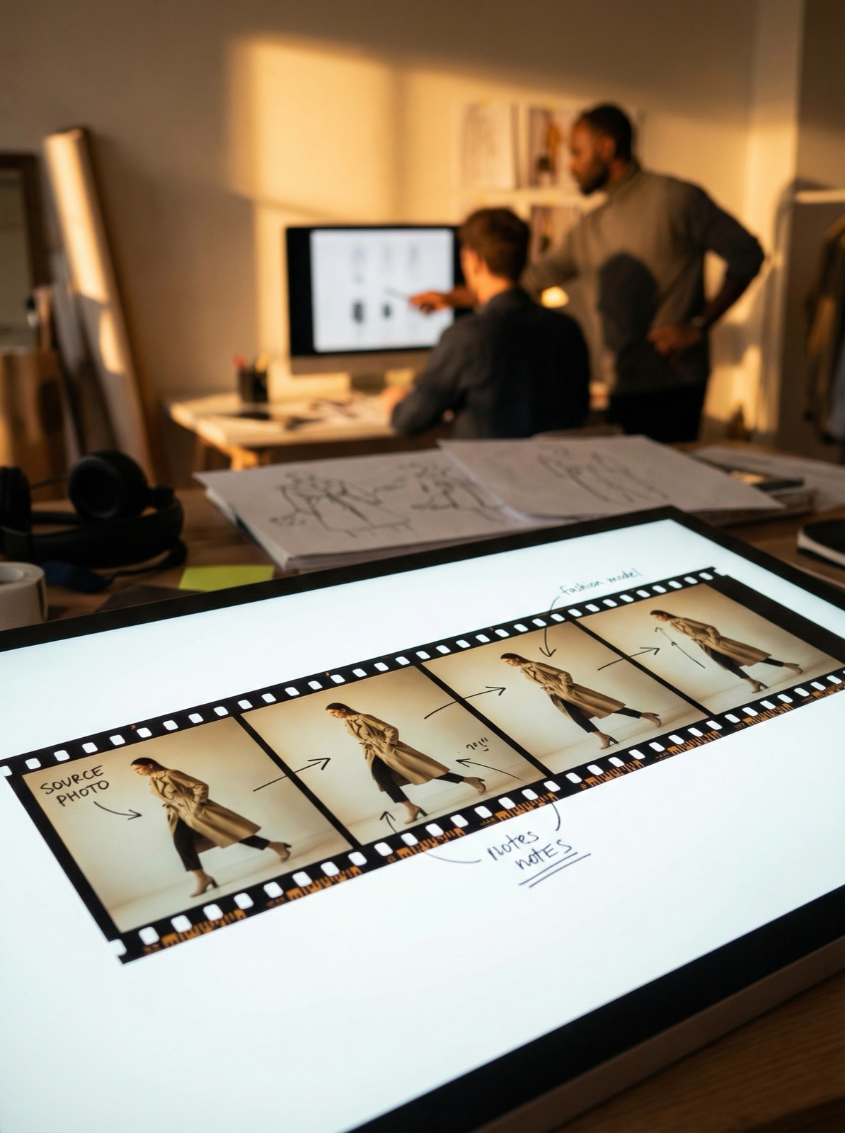 A filmstrip of sequential shots replicated from a source photo in a studio