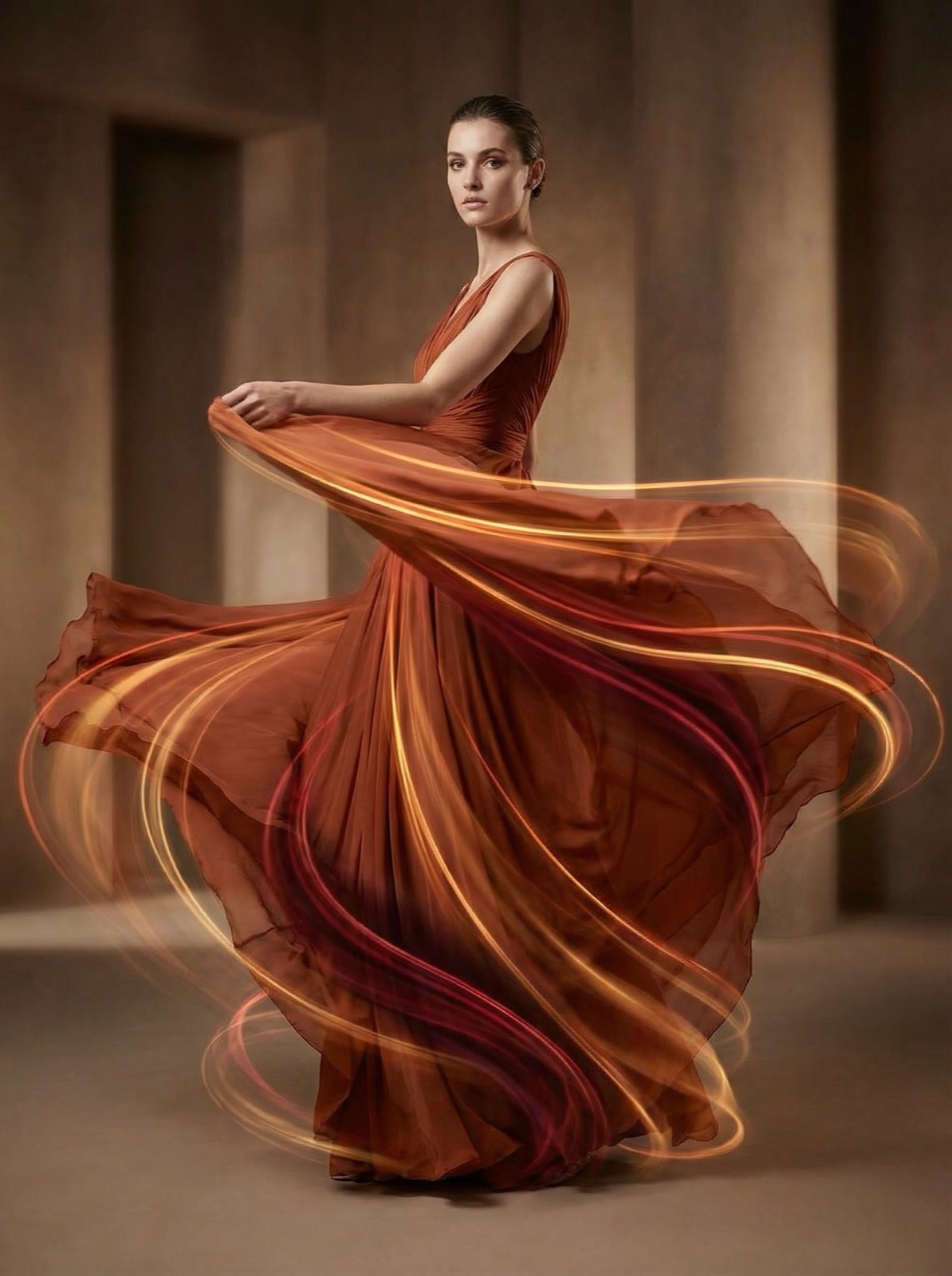 On-brand model in a flowing garment with cinematic motion trails